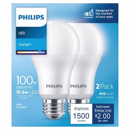 Philips Philips A19 E26 (Medium) LED Bulb Daylight 100 Watt Equivalence 2 pk 575878
